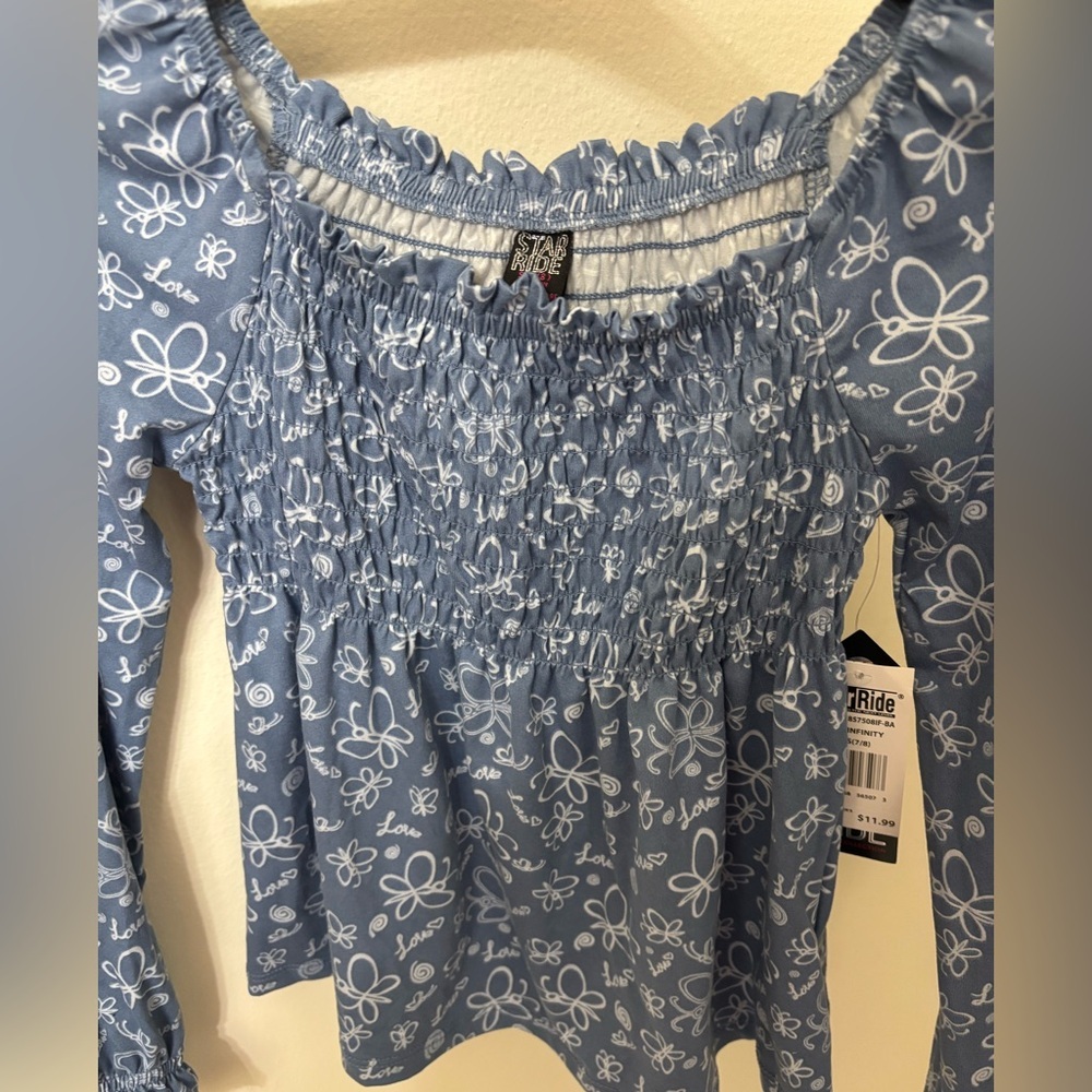 Blue Floral Smocked Girl's Top - Picture 2 of 5